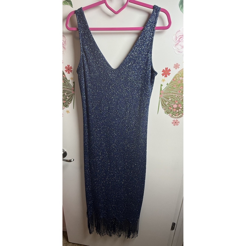 California Concepts Blue‎ Metallic Fringe Dress Large V Neck Sleeveless Evening